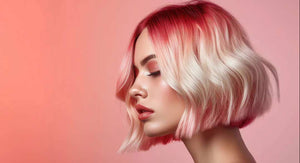 Vrouw met roze en blond haar tegen een roze achtergrond voor onze blog Alles over wimperextensions