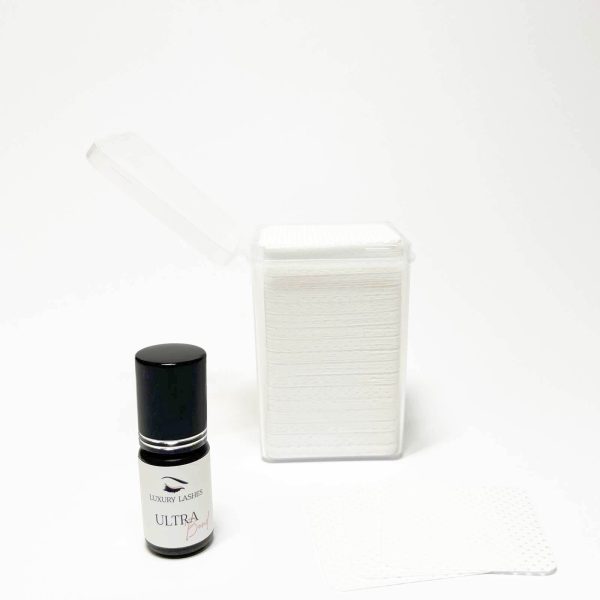 Glue wipes voor wimperextensions lijm samen met Ultra Bond Glue (Wimperextensions Lijm) van Luxury Lashes (Open)